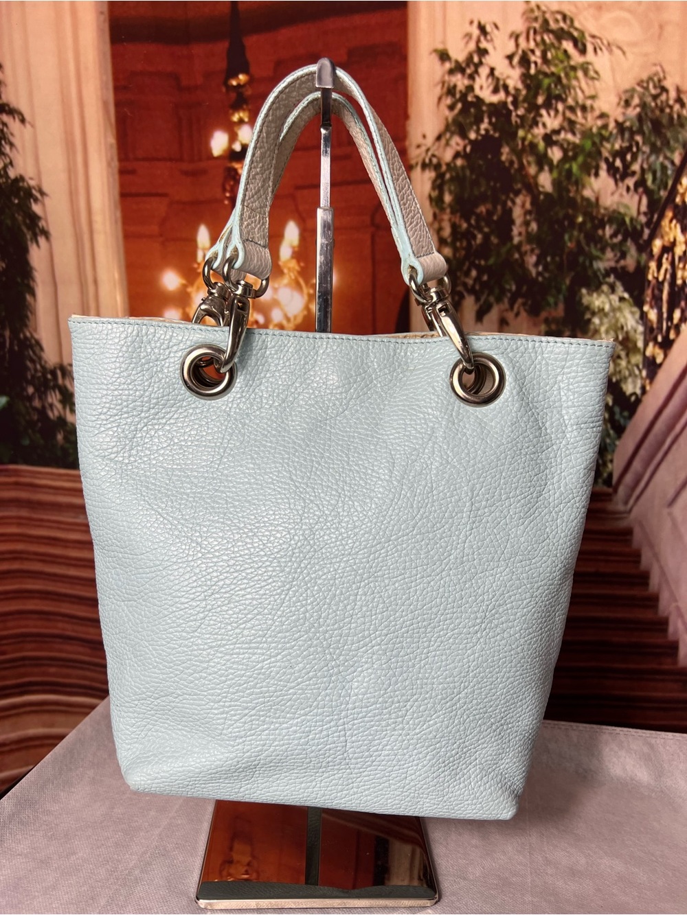Maurizio Taiuti Light Blue Leather Tote Bag, snap closure, silver-tone hardware